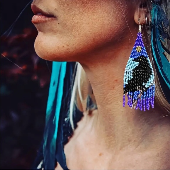 Handcrafted Beaded Crow Earrings - Blues and Purples - Picture 1 of 6